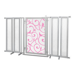 Fusion Gates - Fusion Gate with Songbirds in Pink Design, Satin Nickel, 71.5"-74" - Dog Gates