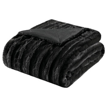 Madison Park Solid Stripe Plaited Brushed Long Fur Knitted Throw, Black