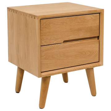 Retro Rustic Nightstand, Angled Legs & 2 Drawers With Cut Out Handles, Natural