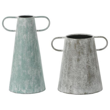 LuxenHome Set of 2 Farmhouse Blue and Gray Metal Vases
