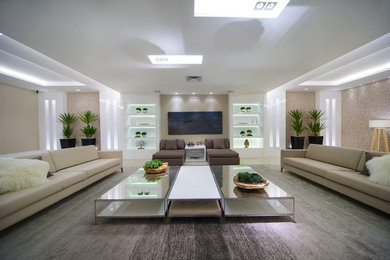 Example of a large trendy formal porcelain tile living room design with beige walls
