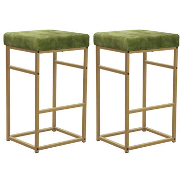 30 Inch Backless Metal Barstool with Velvet Seat-Set of 2, Green