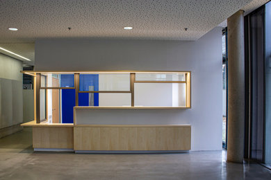 Mittelgroßes Modernes Arbeitszimmer mit Arbeitsplatz, grauer Wandfarbe, Betonboden, Einbau-Schreibtisch und grauem Boden in München