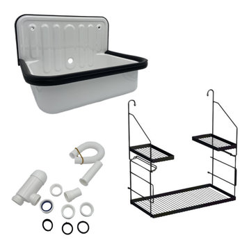 Wall Mounted Service / Utility Sink, White Glazed Steel, Drain and Caddy, Black