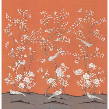 Chinoiserie Wall Mural Maysong Paris, Orange, 90" Wide by 96" Tall
