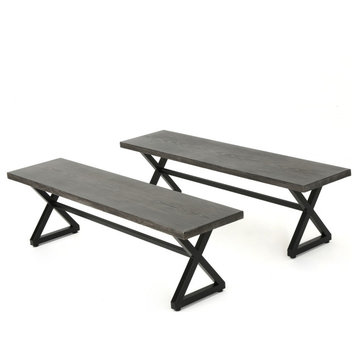 GDF Studio Rosarito Outdoor Dining Bench With Black Steel Frame, Set of 2, Gray