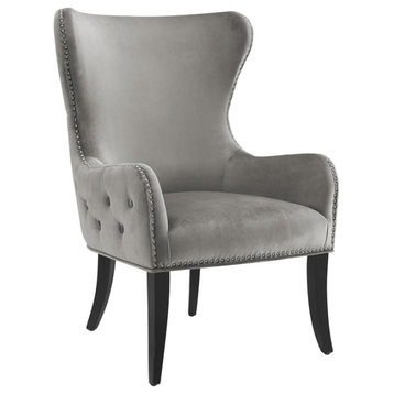 Linon Winston Round Back Upholstered Chair Silver Nailheads in Gray Velvet