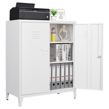 Metal Storage Cabinet, 2 Doors & 2 Shelves, 35.5", White, With Legs
