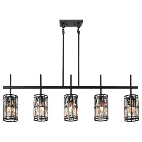 LNC Chispa Black Modern Linear Crystal Large Kitchen Island Light, 5 Lights