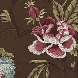 Brown Embroidered Camellias Dupioni Silk Custom Made Curtains - Window Treatments