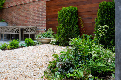 Imagen de terraza planta baja moderna de tamaño medio en patio trasero con fuente, pérgola y barandilla de varios materiales