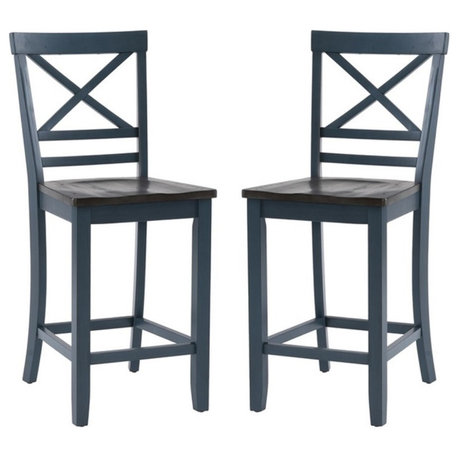 Linon Oz Wood X Back 2 Tone Counter Stool Set of 2 in Slate Blue