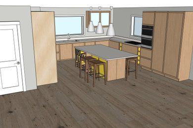 Large contemporary u-shaped kitchen/diner in Sussex with recessed-panel cabinets, light wood cabinets and an island.