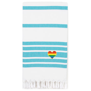 Herringbone Cheerful Rainbow Heart Pestemal Beach Towel, Turquoise & White