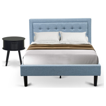 2-Piece Platform Full Size Bed Set, 1 Bed Frame, Night Stand, Denim Blue