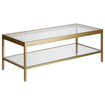Contemporary Coffee Table, Rectangular Frame With Glass Top, Brass