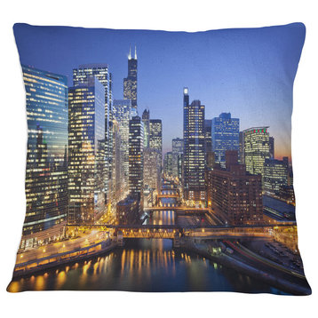 Chicago River with Bridges at Sunset Cityscape Throw Pillow, 16"x16"