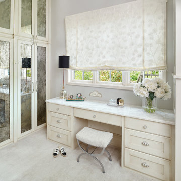 Room-Sized Closet with Vanity, Roman Shade, Mirrored Closets