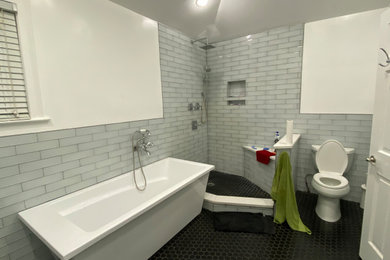 Large transitional master bathroom photo in New York with flat-panel cabinets and a freestanding vanity