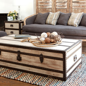 Neutral Room with Rustic Trunk Cocktail Table