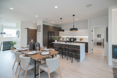 Open concept kitchen - mid-sized modern single-wall light wood floor and beige floor open concept kitchen idea in Other with a double-bowl sink, flat-panel cabinets, dark wood cabinets, solid surface countertops, stainless steel appliances, an island and white countertops