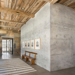 Ispirazione per un corridoio rustico con pareti grigie e pavimento in cemento