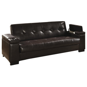 Faux Leather Sofa Bed Sleeper Lounger With Storage Cup Holders Pop Coaster Faux Leather Convertible Sofa Sleeper With Storage Black