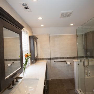 Sleek Contemporary Master Bathroom | Dark Vanity & Frameless Shower