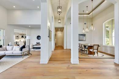 Foyer - large contemporary medium tone wood floor and beige floor foyer idea in Austin