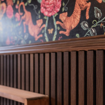 Wood Slat Wainscoting with Bold Wallpaper in Madison Park Moody Playroom