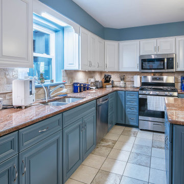 Transitional Kitchen with Two-Tone White and Blue Cabinets in Adelphia, MD