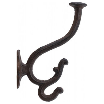 Decorative Victorian Triple Wall Hook, Rust Brown Cast Iron, 7" Tall