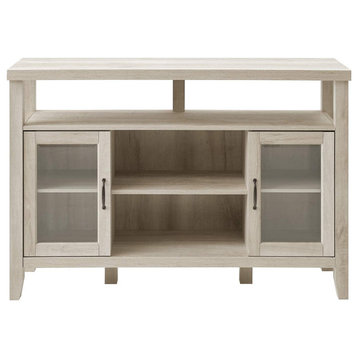 Farmhouse TV Stand, Center Open Shelf & 2 Doors With Glass Front, White Oak