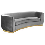 Meridian Furniture - Julian Velvet Upholstered Sofa, Gray, Gold Base - The perfect mix of grey velvet and gold stainless steel comes to life in your space with this Julian Grey Velvet Sofa. This bold grey velvet sofa comes upholstered in rich, sumptuous-to-the-touch velvet to make a fashionable statement in your space. The curved back design lends it a modish touch, and the gold stainless steel trim around its base adds to its glitzy appeal. Stage this sofa alone or with other pieces in the Julian collection.