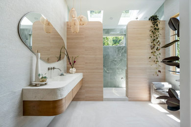 Inspiration for a modern single-sink double shower remodel in Portland with white countertops and a floating vanity