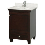 Wyndham Collection - Acclaim Bathroom Vanity, Espresso, 24", Square, White Carrera Marble - Sublimely linking traditional and modern design aesthetics, and part of the exclusive Wyndham Collection Designer Series by Christopher Grubb, the Acclaim Vanity is at home in almost every bathroom decor. This solid oak vanity blends the simple lines of traditional design with modern elements like square undermount sinks and brushed chrome hardware, resulting in a timeless piece of bathroom furniture. The Acclaim is available with a White Carrara or Ivory marble counter, porcelain sinks, and matching Mrrs. Featuring soft close door hinges and drawer glides, you'll never hear a noisy door again! Meticulously finished with brushed chrome hardware, the attention to detail on this beautiful vanity is second to none and is sure to be envy of your friends and neighbors!