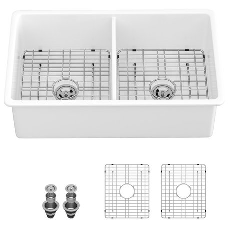 White Farmhouse Undermount Ceramic Kitchen Sink Double Bowl Porcelain 32"