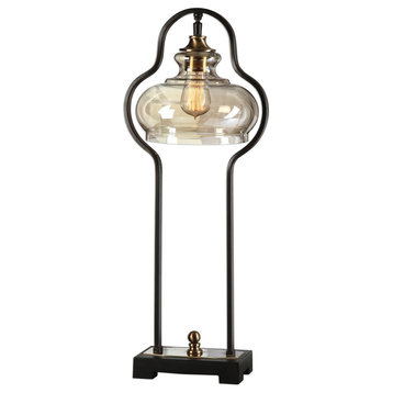 Curved Bronze Black Industrial Iron Table Lamp, Amber Glass Vintage Style Retro