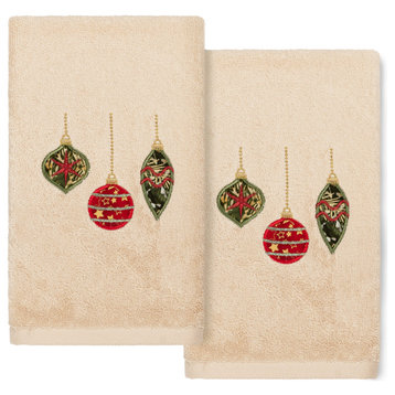 Christmas Ornaments, Embroidered Turkish Cotton Hand Towels, Set of 2, Sand