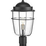 Progress Lighting - Holcombe Post Lantern - A nautical-inspired collection ideal for a variety of exteriors, including Coastal, Transitional and Urban Industrial settings. Black lanterns with clear seeded glass feature a hint of brushed nickel on the interior. Geometric details offer a finishing touch for wall, hanging and post lantern options. Uses (1) 100-watt medium bulb (not included).