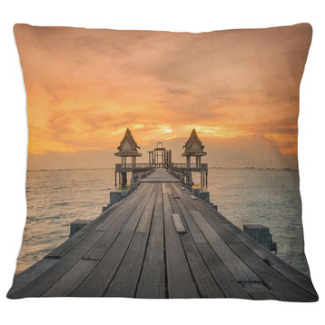 Massive Wooden Bridge into the Sea Pier Seascape Throw Pillow, 18"x18"