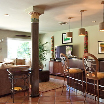 Transitional Home Bar and Living Room