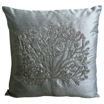 Silver Beaded Tree 14"x14" Silk Throw Pillows Cover, the Silver Tree