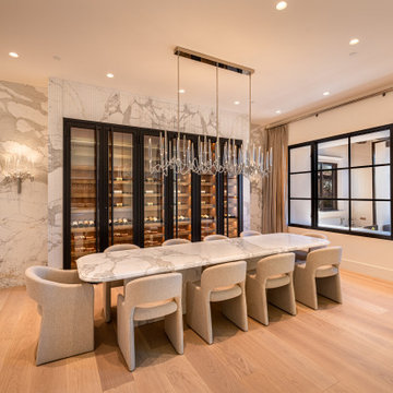 Luxury Modern Wine Wall Display with White Oak Cabinetry and Integrated LEDs