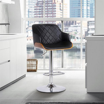 Armen Living Toby Modern Faux Leather Adjustable Bar Stool in Black and Walnut