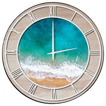 Wall Clock, Beach Waves, 24"x24", White, Woodgrain Accent