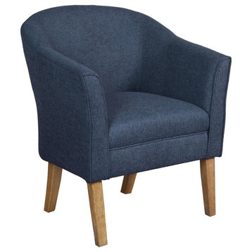 Fabric Upholstered Wooden Accent Chair With Curved Back, Blue And Brown