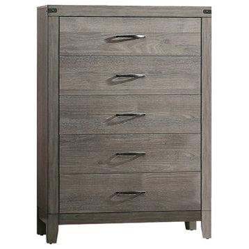 Benzara BM181923 Roomy 5 Drawer Wooden Chest With Metal Handles, Weathered Gray