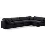 Meridian Furniture - Indulge Upholstered Modular L-Shaped Sectional, Black, 5-Piece: 3 Armless Chair, 2 Corner Chair, Down Stuffed Velvet - Experience ultimate comfort and style with our black velvet Indulge Sectional. The luxurious velvet will elevate the aesthetic of any room. This sofa provides ample space for you to relax while its modular build offers the option of unlimited configurations. Whether you're looking to add a stylish element to your living room or a comfortable seating option to your bedroom, this sofa is the perfect choice.