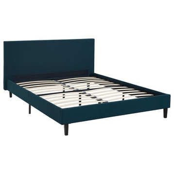Modern Contemporary Urban Queen Size Platform Bed Frame, Navy Blue, Fabric Wood